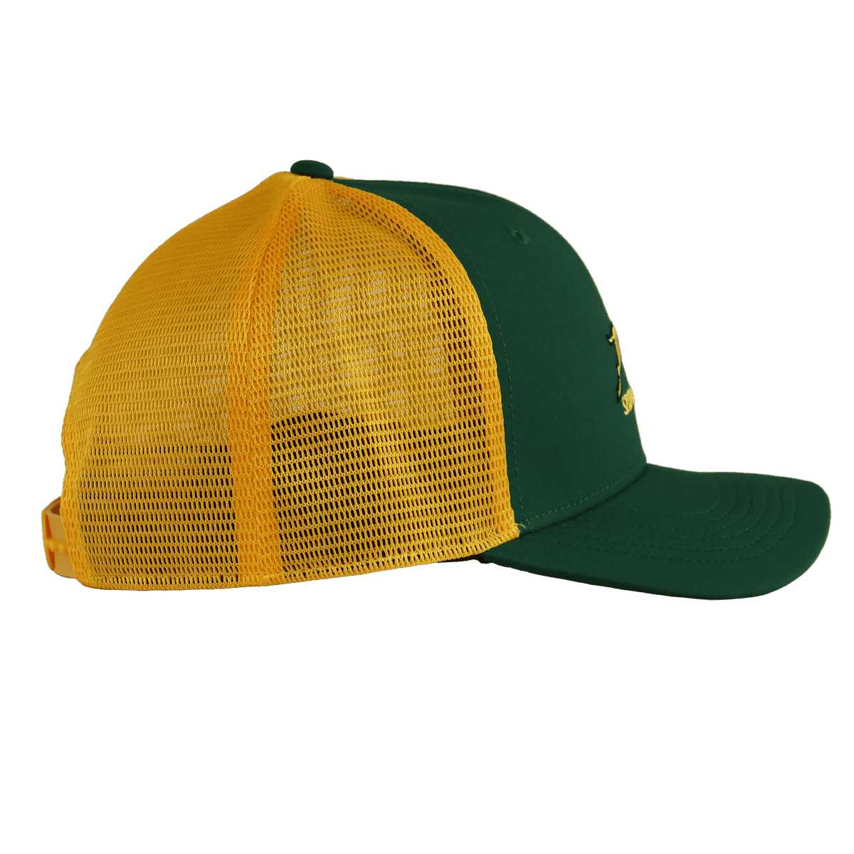 Springboks 26/27 Trucker Cap by Nike featuring a green front panel and brim, yellow mesh back, shown from a side angle on a plain white background.