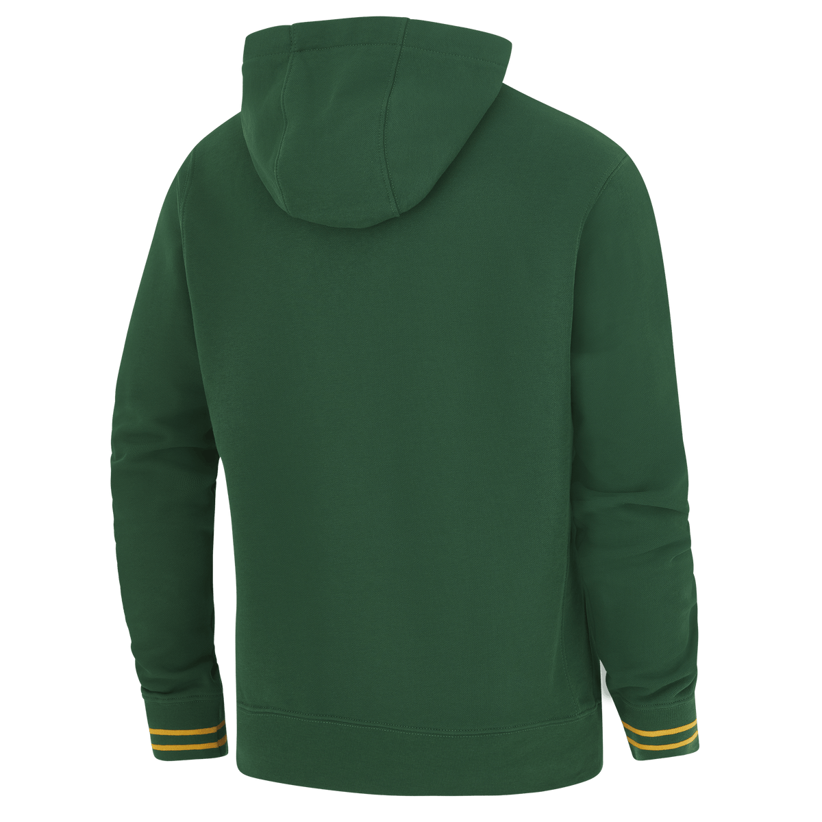 The Nike Springboks 26/27 Pullover Hoodie features a green design with yellow and green striped sleeve cuffs, shown from the back—perfect for any South Africa rugby fan.
