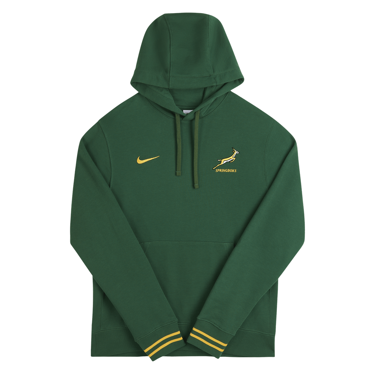 The Nike Springboks 26/27 Pullover Hoodie features yellow accents, a Springboks emblem, and a Nike logo on the chest. This green hoodie has a front pocket—perfect for South Africa rugby fans.