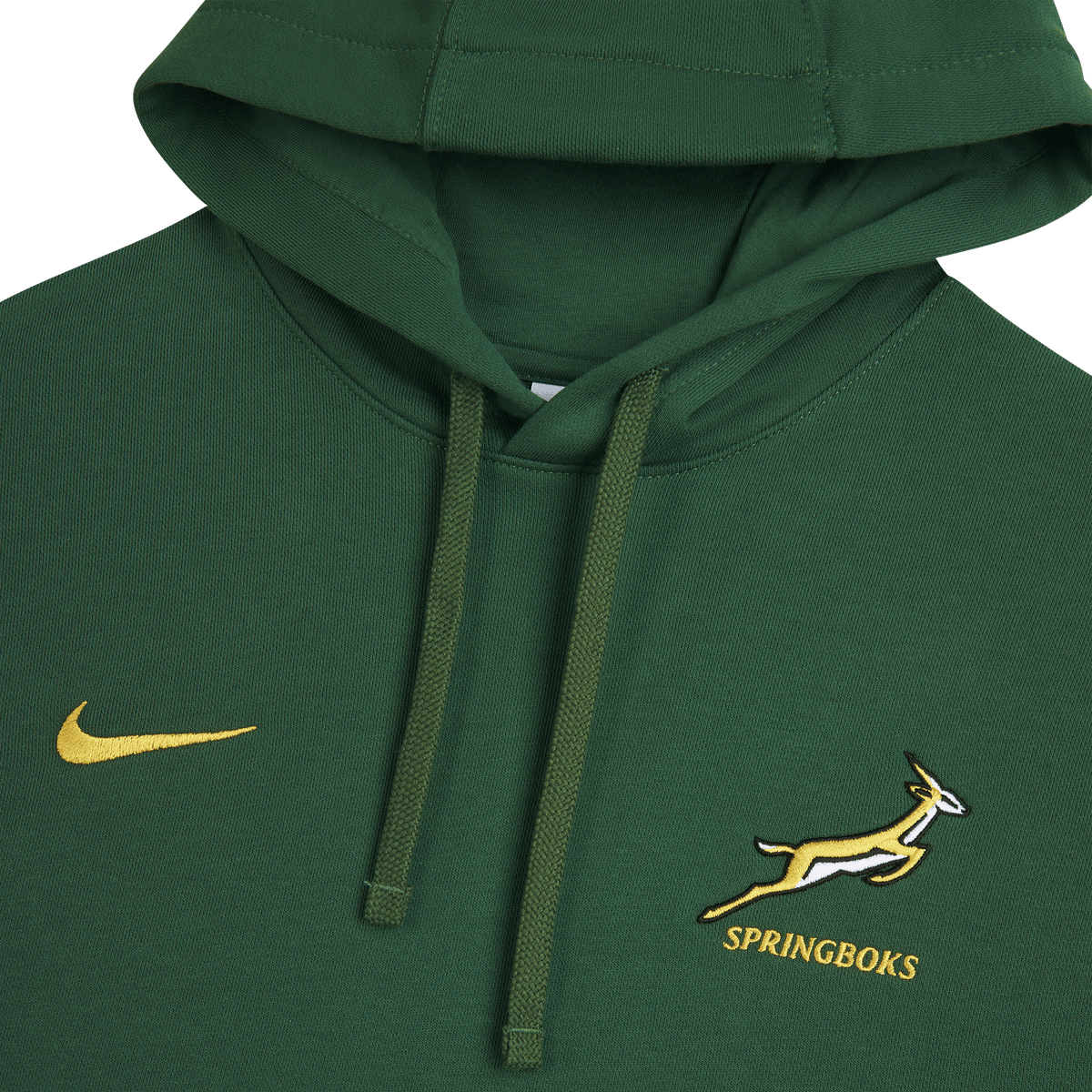 The Springboks 26/27 Pullover Hoodie by Nike is a green pullover with a yellow Nike logo, the South Africa rugby team’s Springboks logo, and "SPRINGBOKS" text below.