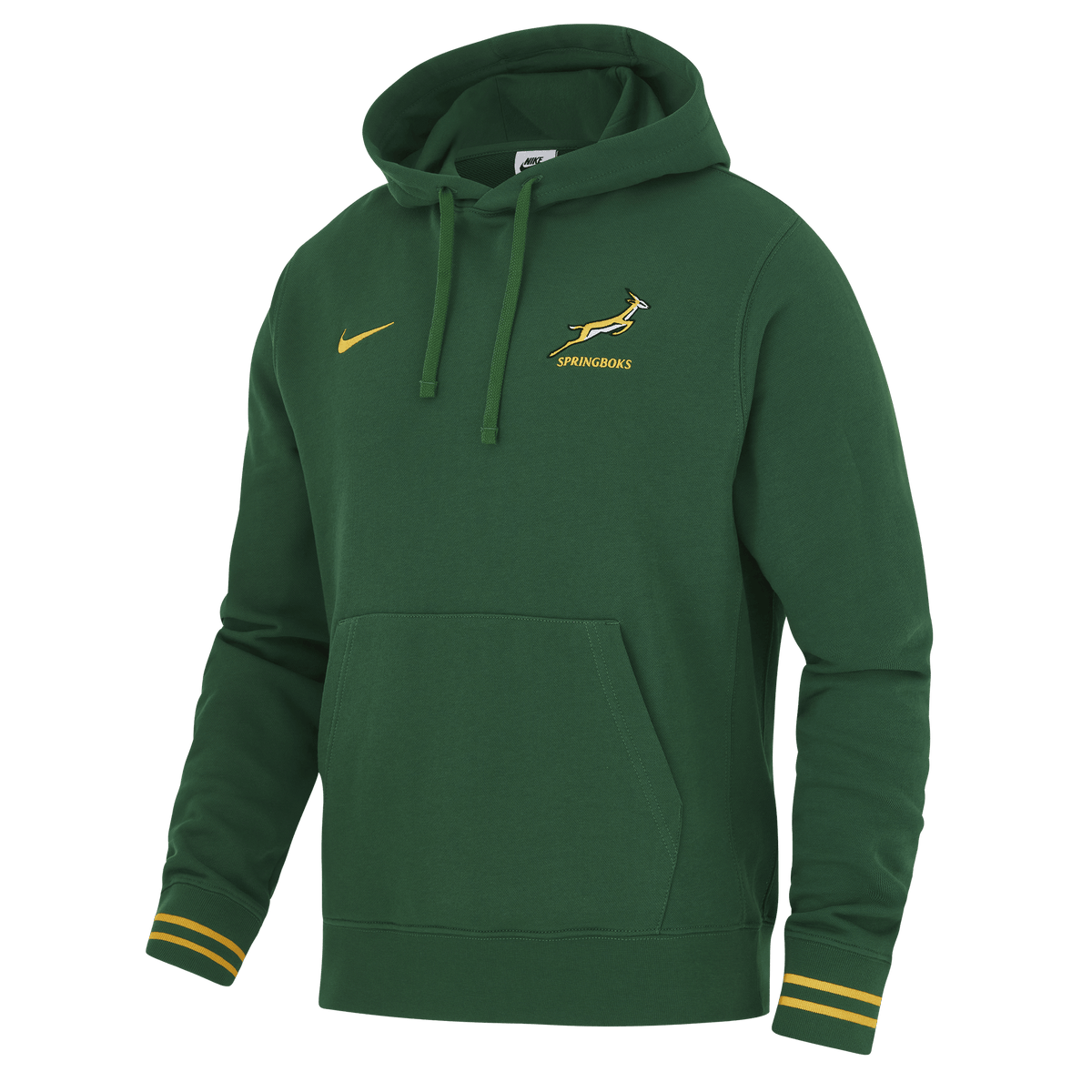 The Nike Springboks 26/27 Pullover Hoodie is green with yellow accents, a kangaroo pocket, iconic Springboks chest emblem, and the Nike logo.