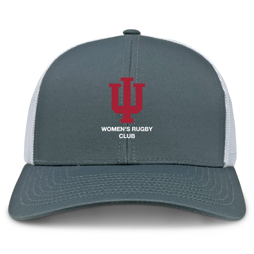 The Indiana University Women Retro Trucker Cap by EMB S&S Activewear features a gray and white design, red "IU" logo, "Women's Rugby Club" front text, and snapback closure.