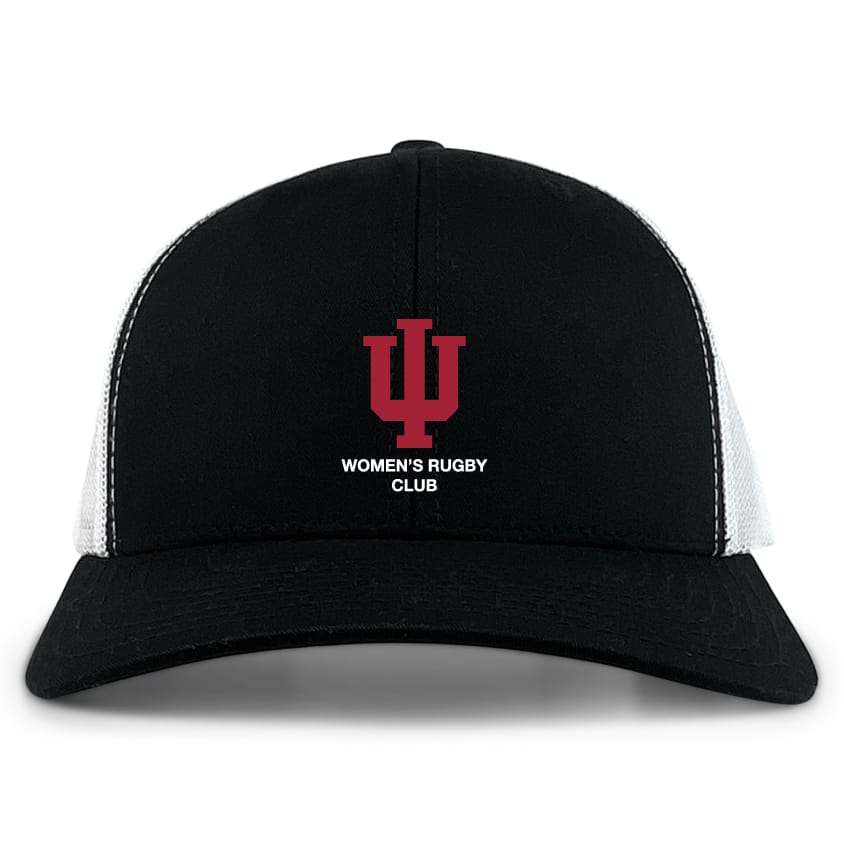 The Indiana University Women Retro Trucker Cap by EMB S&S Activewear is a black and white hat with an embroidered IU logo, "WOMEN'S RUGBY CLUB" text on the front, and a snapback closure for adjustable fit.