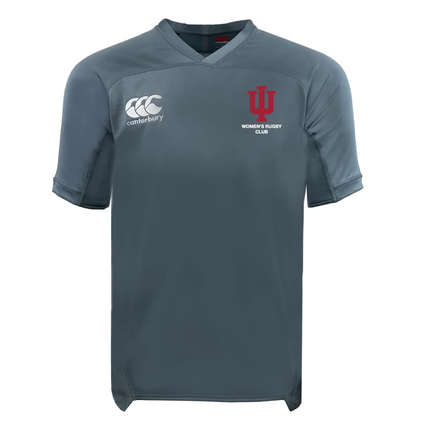 The Indiana University Women Vapodri Evader Jersey by EMB Canterbury is a gray, short-sleeve rugby jersey with moisture-wicking Vapodri tech, the Canterbury logo on the right chest, and a red IU Women's Rugby Club logo on the left chest.