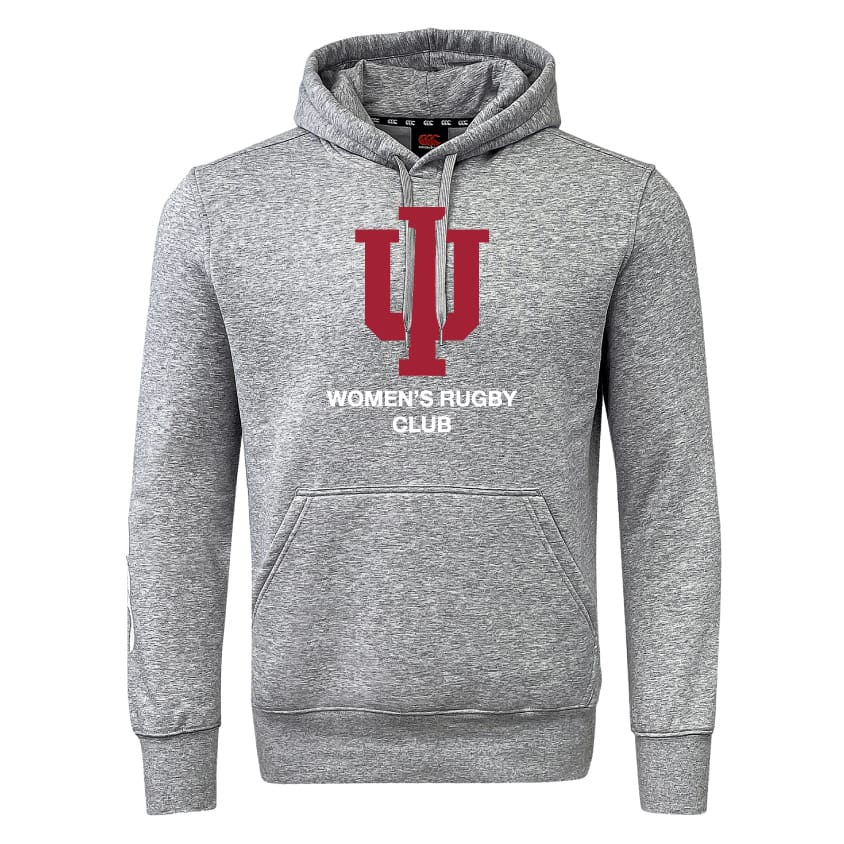 The Indiana University Women Club Hoodie by Canterbury from WRS Canterbury features a gray design with a large red "IU" logo and "Women's Rugby Club" text—ideal as a custom team hoodie for any rugby club.