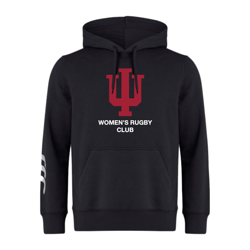 The Indiana University Women Club Hoodie by WRS Canterbury is a black hoodie with a large red "IU" logo, "Women's Rugby Club" text on the front, and white stripes on the right sleeve.