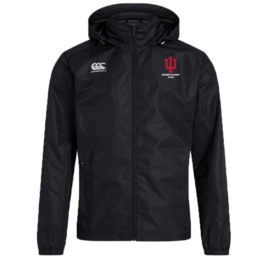 The Indiana University Women Club Vaposhield Stadium Jacket by Canterbury is a black, water repellent, hooded jacket with a full zipper, featuring the EMB Canterbury and IU Women's Rugby Club logos on the chest. Perfect for rugby stadium outings.