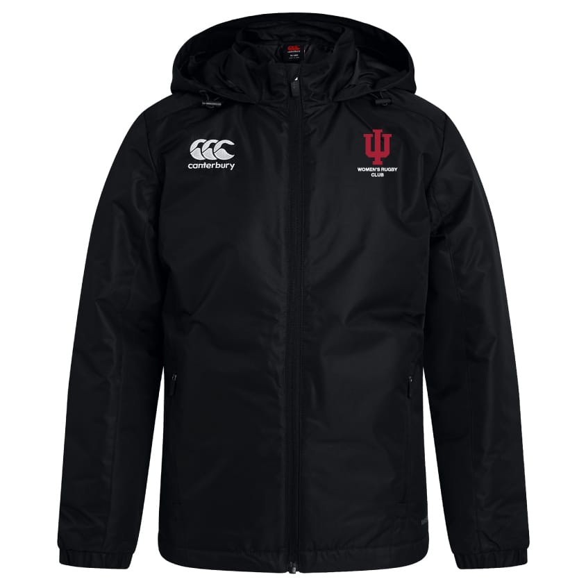 The EMB Canterbury Indiana University Women Club Vaposhield Full Zip Rain Jacket is black, water resistant, features a Canterbury logo on the left chest and the Indiana University Women’s Rugby Club logo on the right chest.