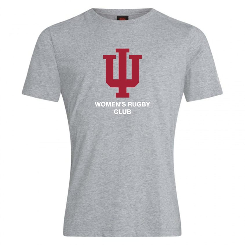 Show team spirit in the Indiana University Women Club Plain Tee by WRS Canterbury—a gray cotton-blend t-shirt with a bold red IU logo and "WOMEN'S RUGBY CLUB" in white, perfect for customization.