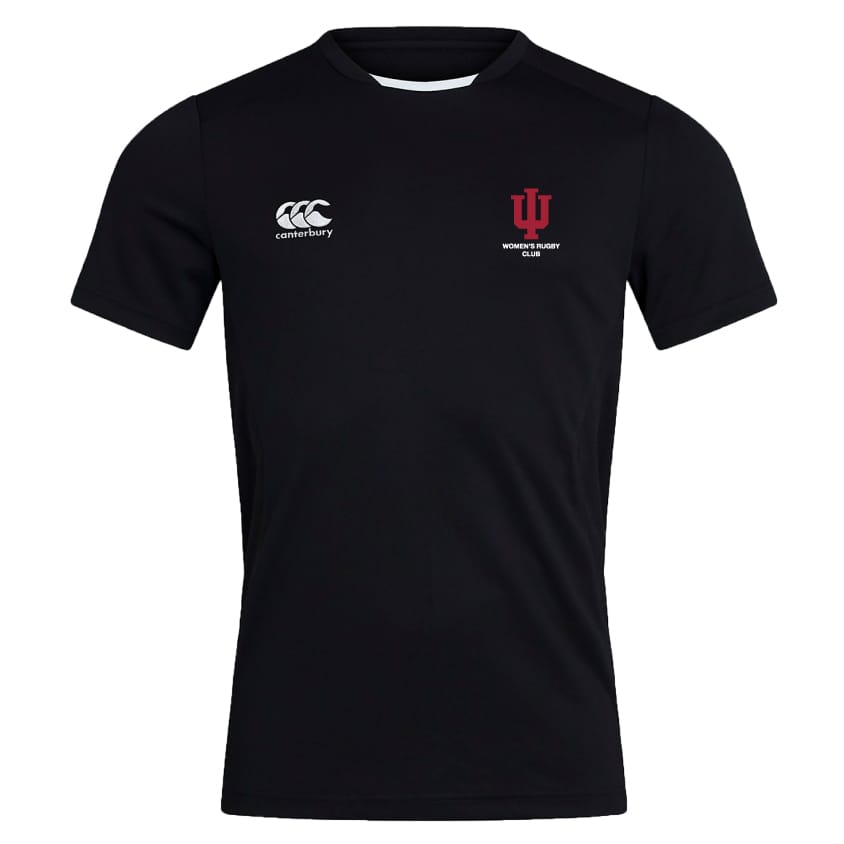 The Indiana University Women Club Dry Tee by EMB Canterbury is a black short-sleeve workout shirt with a breathable design, featuring the Canterbury logo on the right chest and the IU Women's Rugby Club logo on the left.