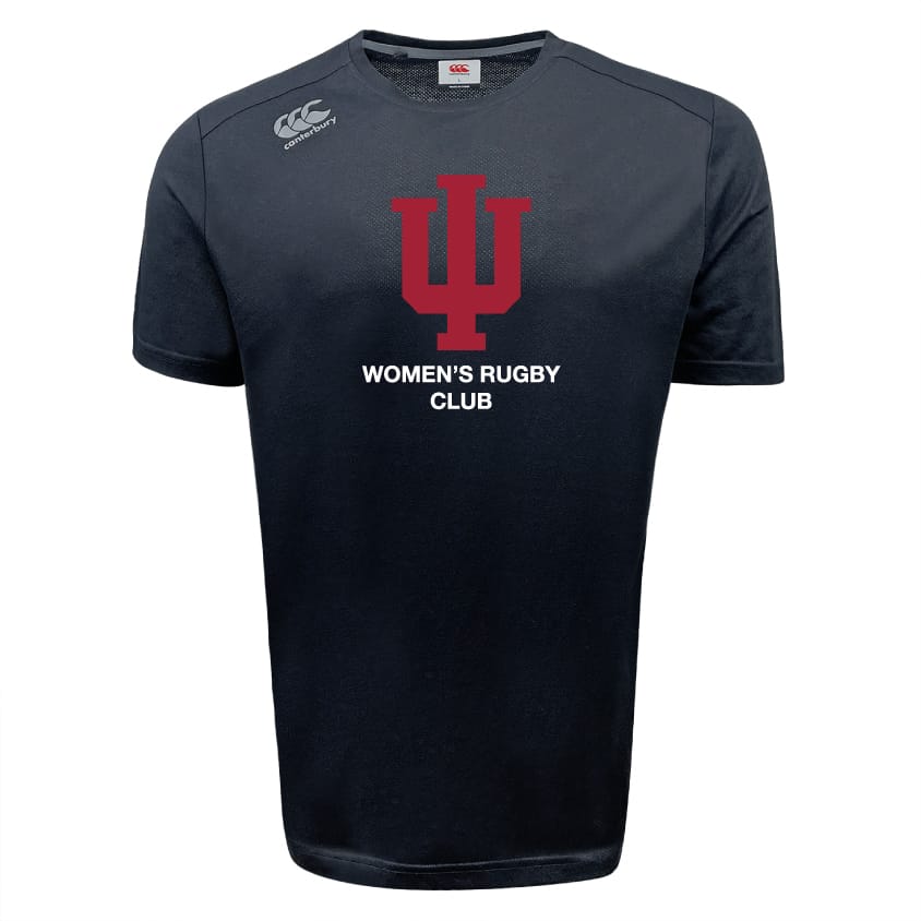The Indiana University Women Tempo Vapodri T-Shirt by Canterbury is a black, moisture-wicking sports tee with a red trident logo and "Women's Rugby Club" on the front. Brand: WRS Canterbury.