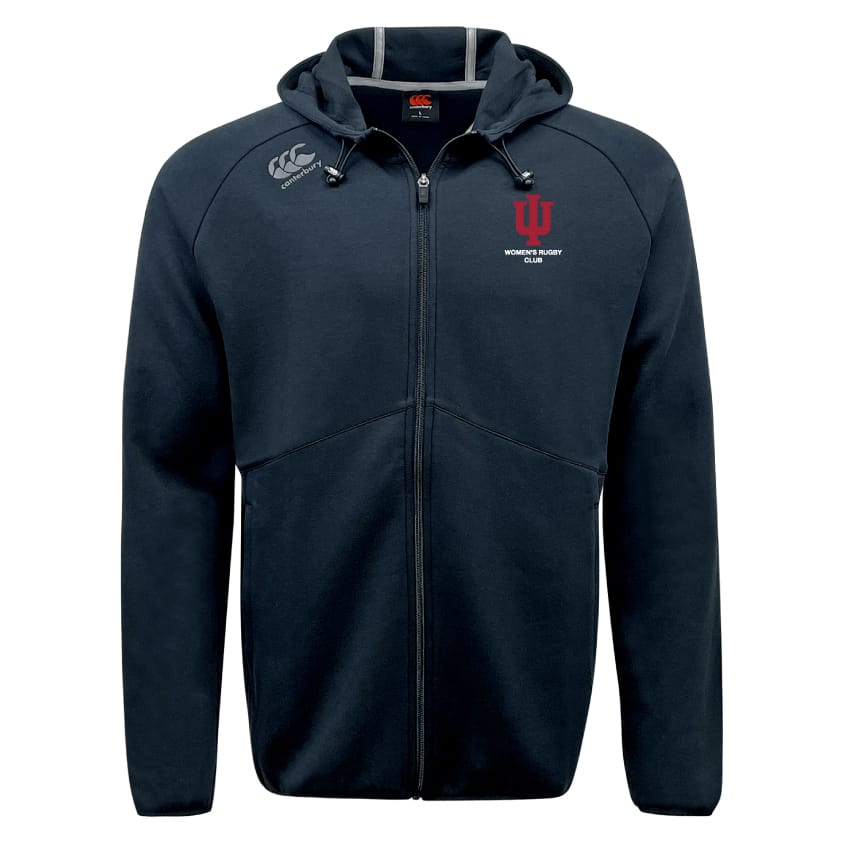 The Indiana University Women Tempo Vapodri Full-Zip Hoodie by EMB Canterbury features a hood, IU Women’s Rugby Club logo on the left chest, and Canterbury logo on the right shoulder. This moisture-wicking hoodie keeps you comfortable anywhere.