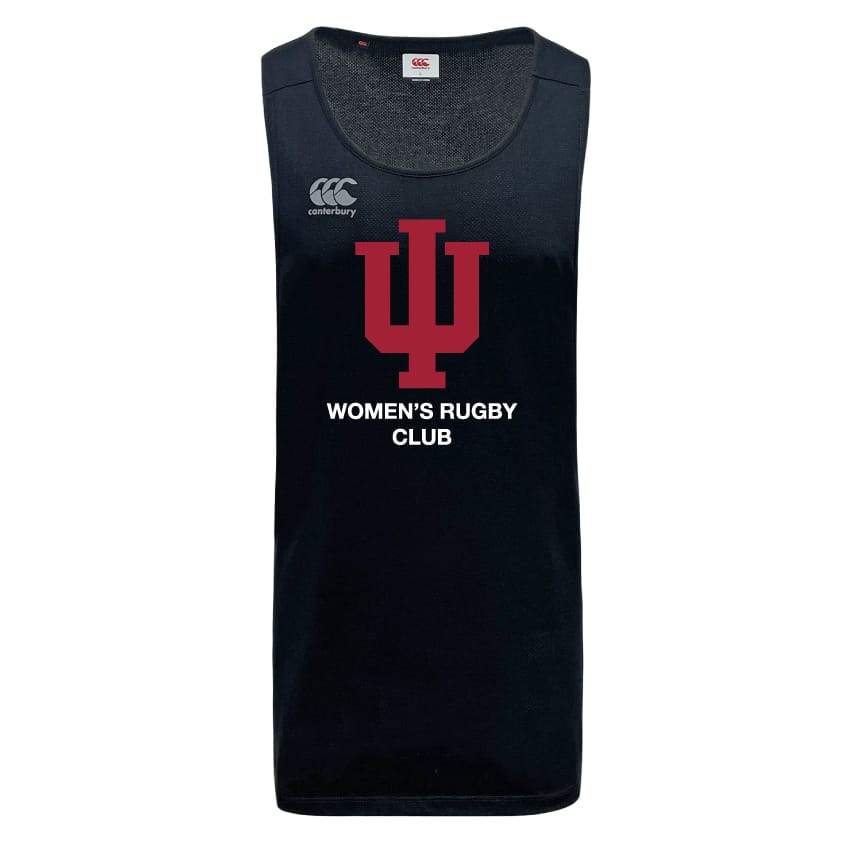 The Indiana University Women Tempo Vapodri Singlet by WRS Canterbury is a black, sleeveless moisture-wicking top with a red IU logo and "WOMEN'S RUGBY CLUB" on the front, designed for superior athletic performance.