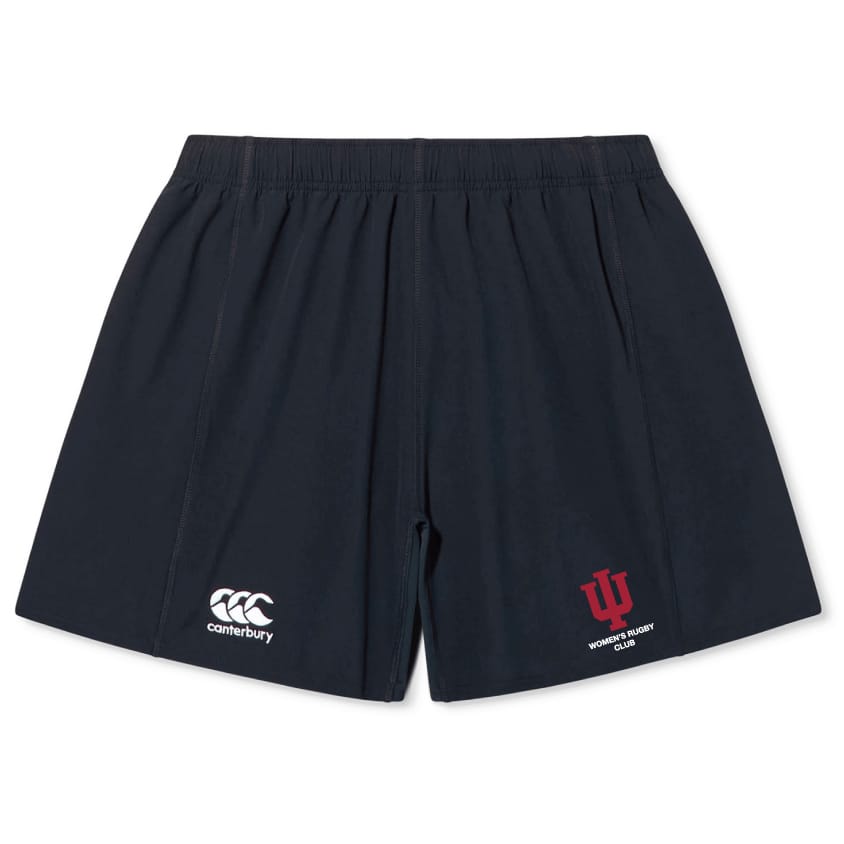 The Indiana University Women Yokohama Short by EMB Canterbury features the Canterbury logo on the left leg and a red "IU Women's Rugby Club" logo on the right. Lightweight and durable, these shorts are perfect for training or match day.