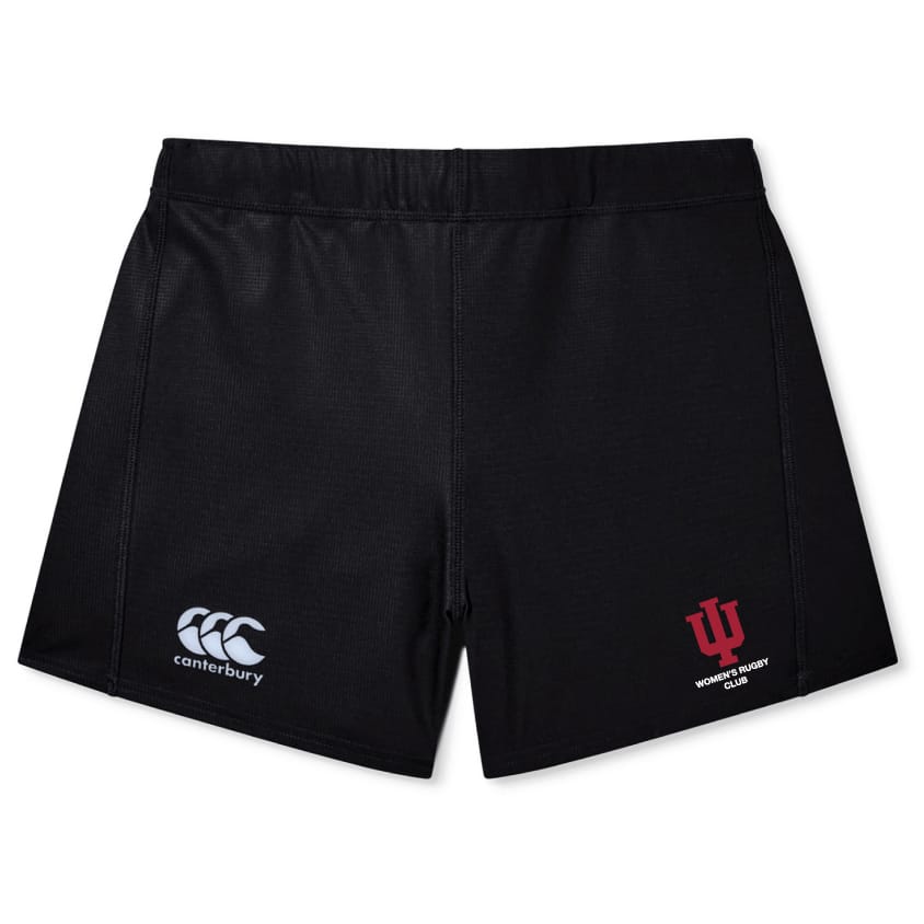 The EMB Canterbury Indiana University Women Women's Yokohama Short features the IU Women’s Rugby Club logo on the right leg and the Canterbury logo on the left, designed in the classic Yokohama rugby short style.