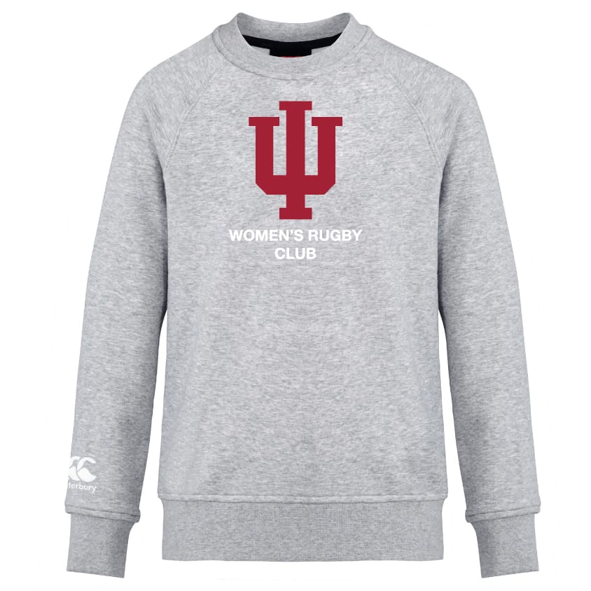 The Indiana University Women Club Crew Sweatshirt by WRS Canterbury features ultra-soft gray fabric, a bold red IU trident logo, "WOMEN'S RUGBY CLUB" on the front, and an embroidered CCC logo on the left sleeve for stylish comfort.
