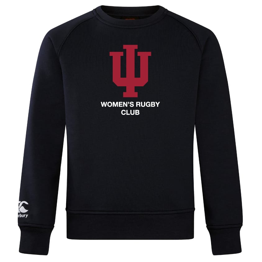 The Indiana University Women Club Crew Sweatshirt by WRS Canterbury is a black, ultra-soft sweatshirt featuring a red IU trident above “WOMEN'S RUGBY CLUB” in white and an embroidered CCC logo on the left sleeve.
