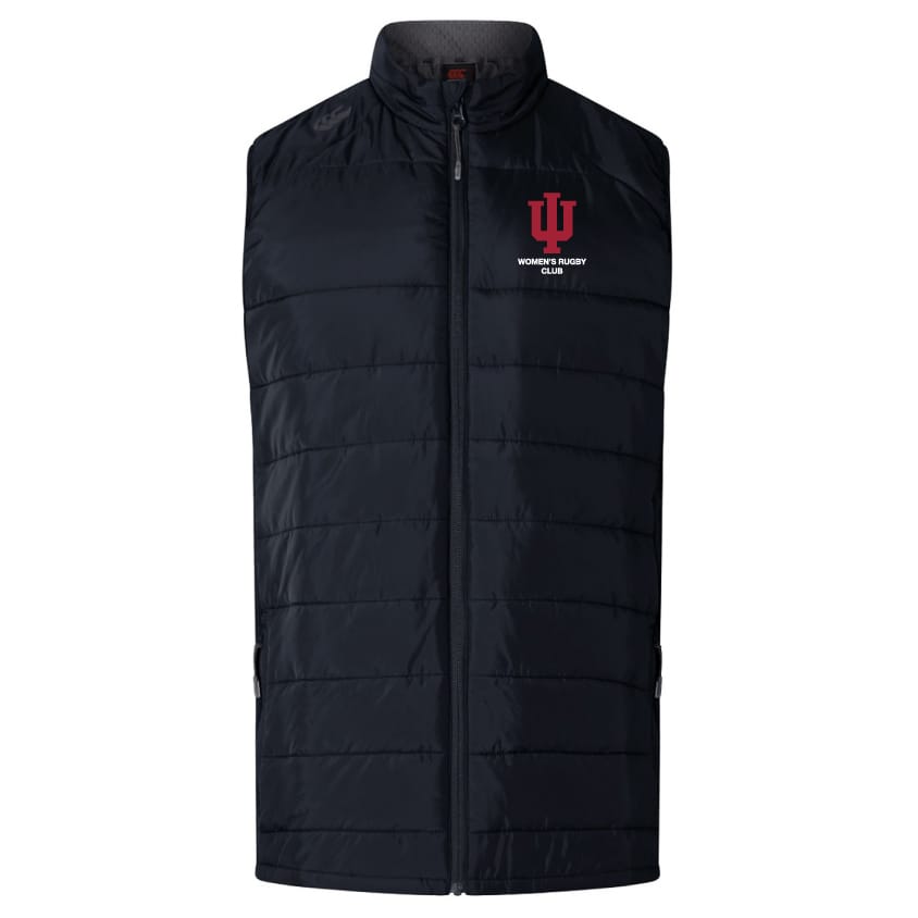 The EMB Canterbury Indiana University Women Elite Microlite Gilet is a black insulated vest with a front zipper, featuring the IU Women's Rugby Club logo in red and white on the left chest.