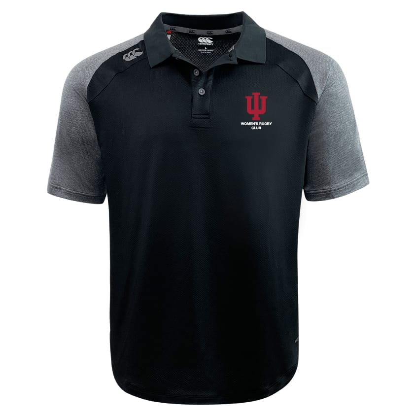 The Indiana University Women Elite Polo by Canterbury features black and gray colors, "IU Women's Rugby Club" and logo on the left chest, a Canterbury logo on the right shoulder, and lightweight Vapodri fabric for comfort.