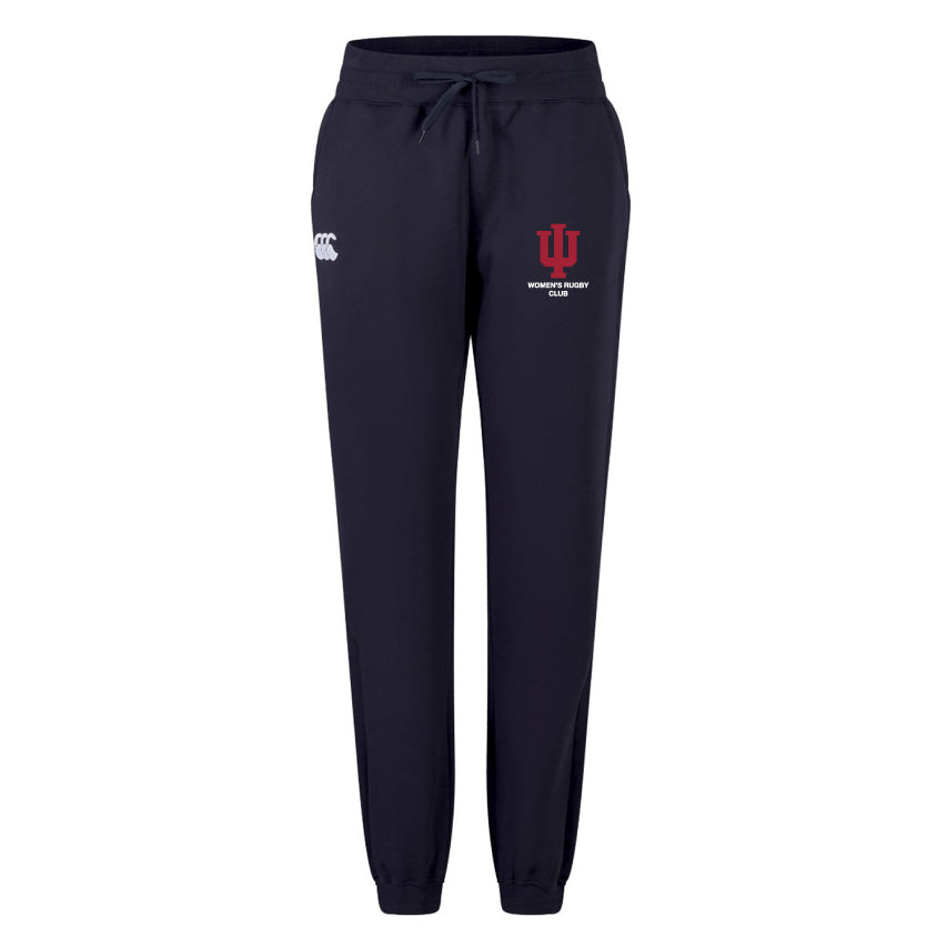 The EMB Canterbury Indiana University Women’s Leisure Sweatpant features a navy blue color, drawstring waist, white Canterbury logo, and a red Indiana University Women’s Rugby Club logo on the left thigh.