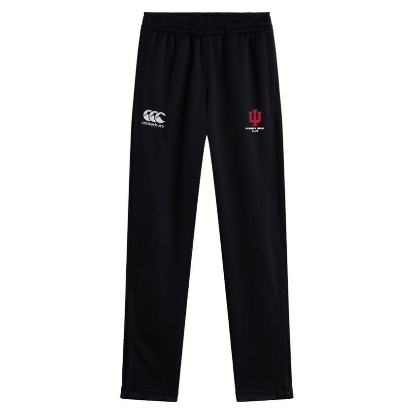 The Indiana University Women Stretch Tapered Pant by EMB Canterbury features a comfortable elastic waistband, quick-dry fabric, and the Canterbury logo on the left with the Indiana University logo on the right—perfect for stylish workouts.