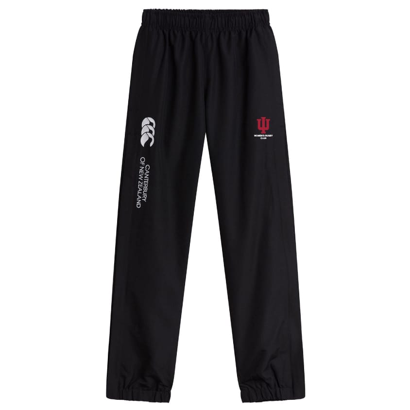 The Indiana University Women Cuffed Hem Stadium Pant by EMB Canterbury features an elastic waistband, cuffed hem, and both the Canterbury of New Zealand and Indiana University logos—ideal for rugby, athletics, or casual wear.