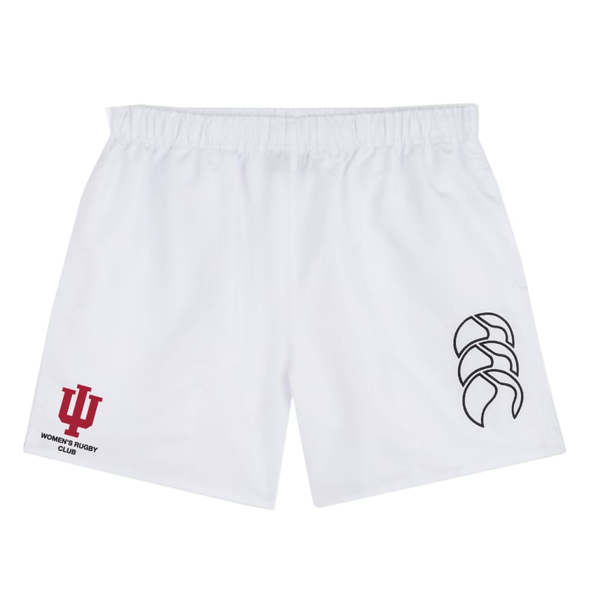 The Indiana University Women Tactic Short by EMB Canterbury features a lightweight white design with an elastic waistband, IU Women's Rugby Club logo in red, and black Canterbury logo—ideal classic shorts for practice or play.