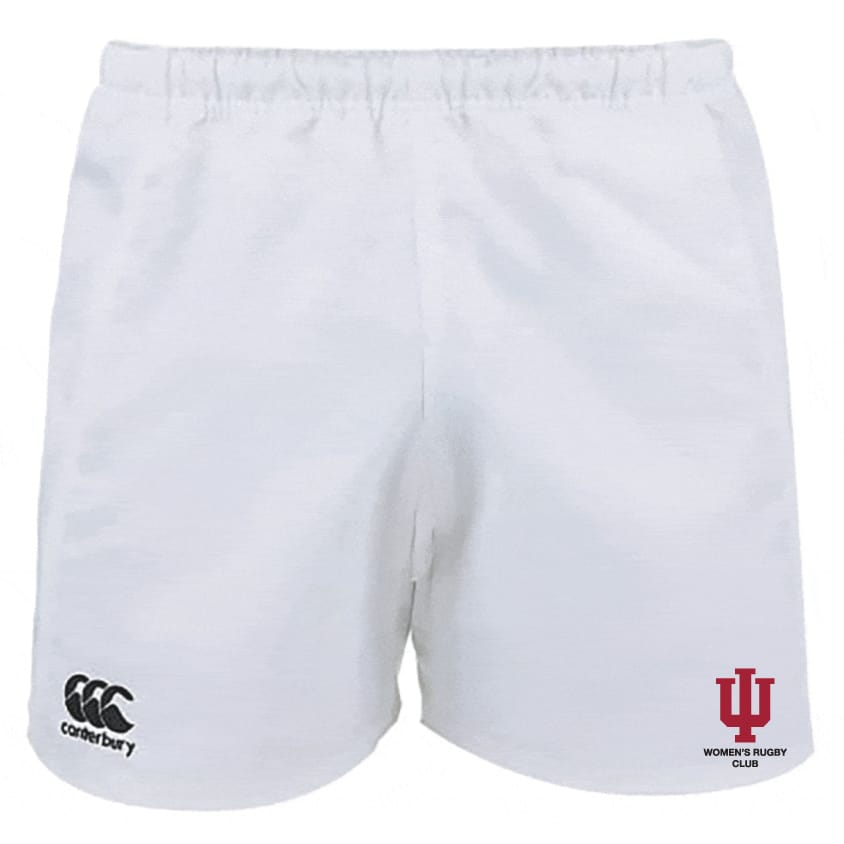 The Indiana University Women Advantage Rugby Shorts by EMB Canterbury feature moisture-wicking fabric, a black Canterbury logo on the left leg, and a red IU Women’s Rugby Club logo on the right.