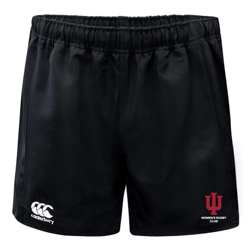 The Indiana University Women Advantage Rugby Shorts by EMB Canterbury feature moisture-wicking fabric, an elastic waistband, the Canterbury logo on the left leg, and the Indiana University Women's Rugby Club logo on the right.