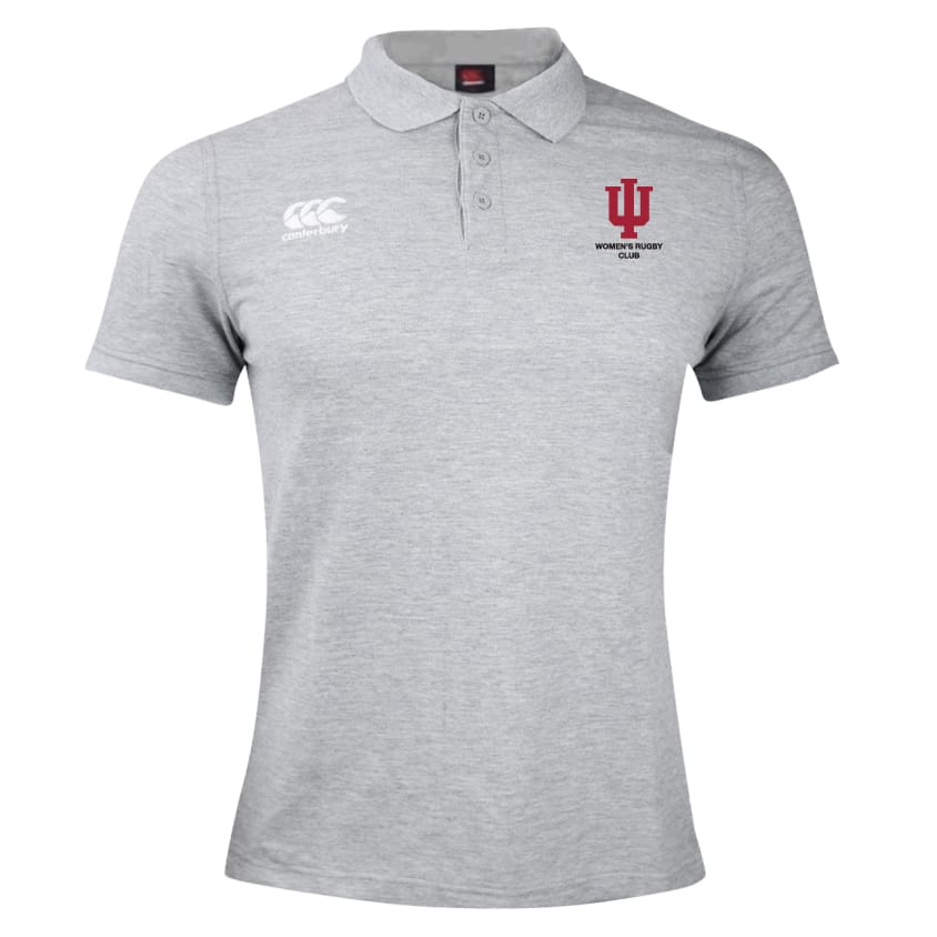 The Indiana University Women Waimak Polo by EMB Canterbury is a light grey men's polo with the Canterbury rugby logo on the right chest and IU Women's Rugby Club logo on the left, styled after the CCC Waimak Rugby Polo.