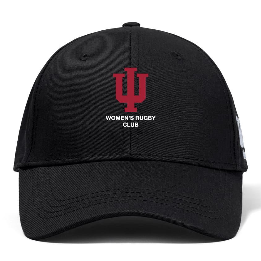 The EMB Canterbury Indiana University Women Flexfit Drill Cap features a red IU logo and "Women's Rugby Club" embroidered in white on the front.