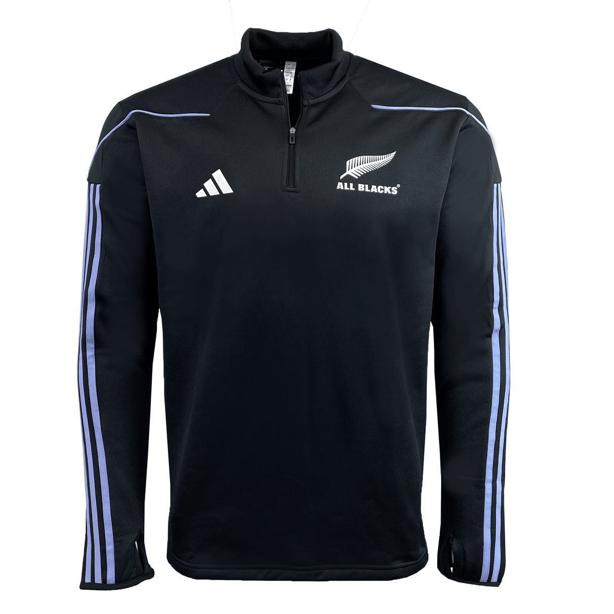The adidas All Blacks 24/25 Fleece 1/4 Zip is a black rugby top with white sleeve stripes, iconic logo, and quarter-zip front. AEROREADY tech ensures comfort on and off the field.