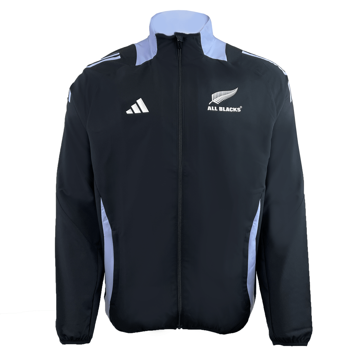 The All Blacks 24/25 Presentation Jacket by Adidas features iconic stripes, a striking silver fern, light blue accents on its sleek black design, and proudly displays the renowned "All Blacks" logo—perfect for any rugby enthusiast.