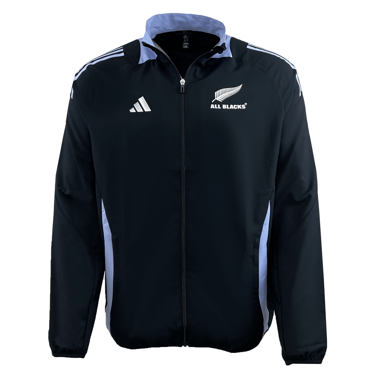 The All Blacks 24/25 Presentation Jacket by Adidas showcases the iconic "All Blacks" logo and silver fern emblem on the chest. It features white shoulder stripes, side accents, a zipper closure, and a collar—ideal for rugby enthusiasts.