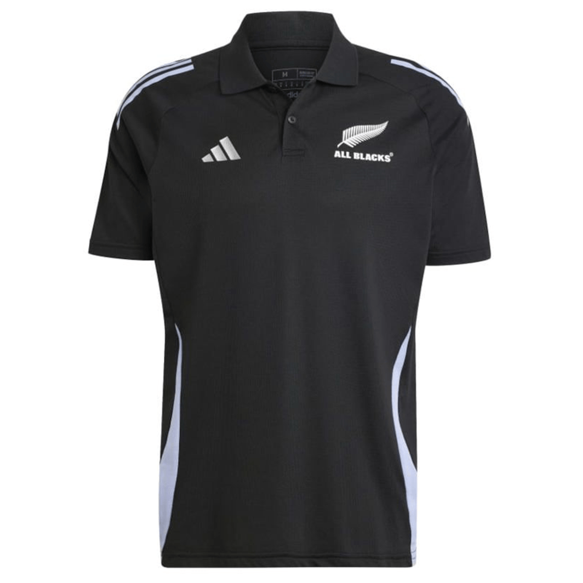 The All Blacks 24/25 Performance Polo by adidas is a stylish black shirt featuring white and light blue accents, prominently displaying the classic adidas logo, "All Blacks" text, and the silver fern emblem. It’s an ideal choice for fans of the New Zealand rugby team.