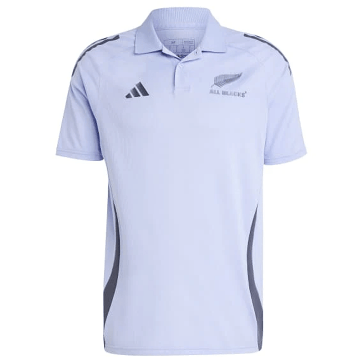The All Blacks 24/25 Performance Polo by adidas, in light purple with dark gray accents, features a logo on the left chest and three distinctive All Blacks-inspired stripes on the shoulders.