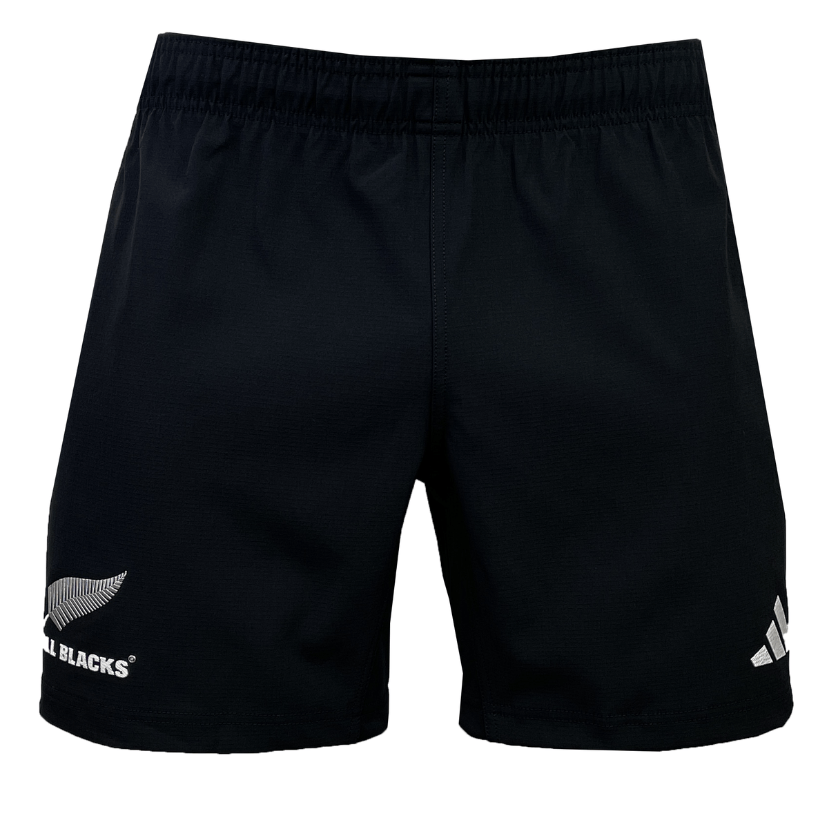 The All Blacks 24/25 Home Shorts by adidas are black athletic shorts that display the iconic All Blacks rugby logo alongside the Adidas emblem on the front, made from recycled materials.