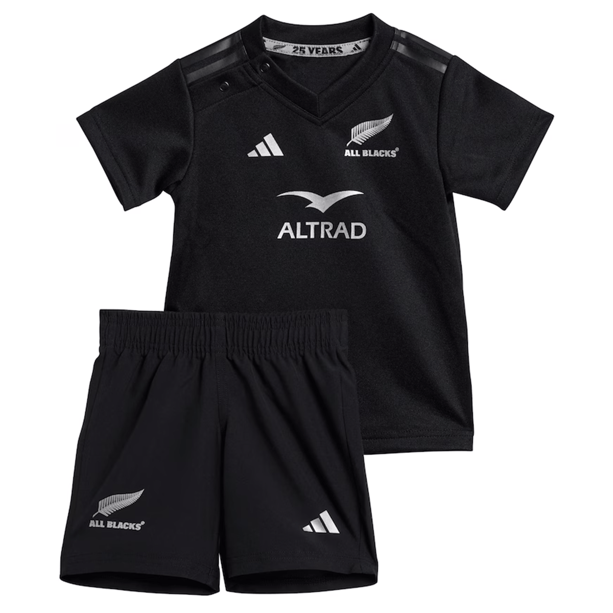The adidas Infant All Blacks 24/25 Home Kit includes a V-neck jersey and shorts with silver accents, featuring AEROREADY Technology for comfort.