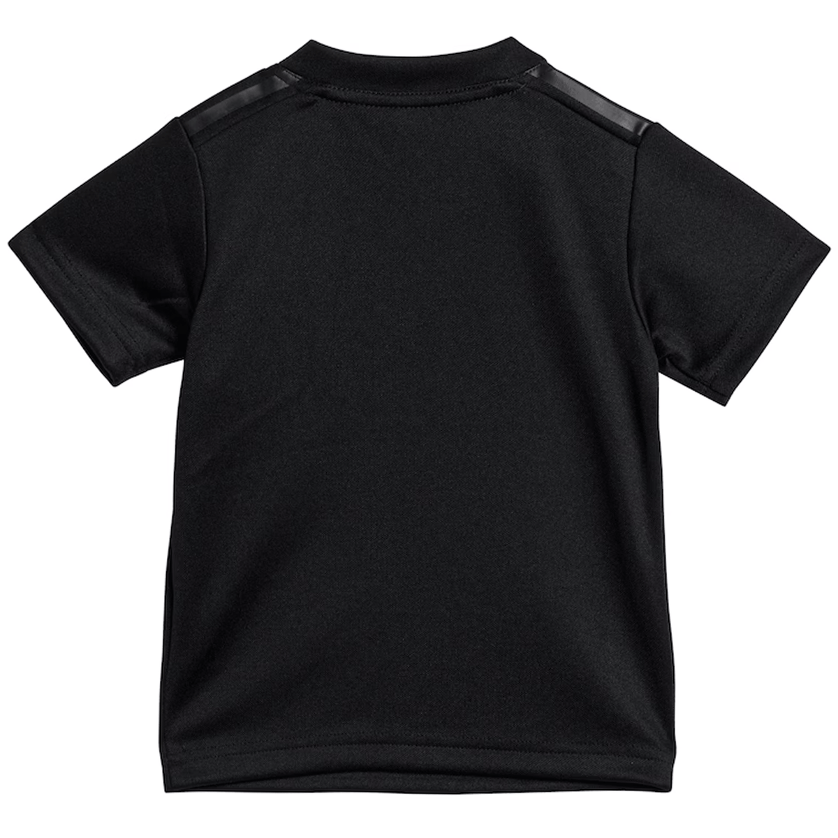 Back view of a plain black short-sleeve T-shirt with a round neckline and faux leather shoulder accents inspired by the iconic style of the adidas Infant All Blacks 24/25 Home Kit.
