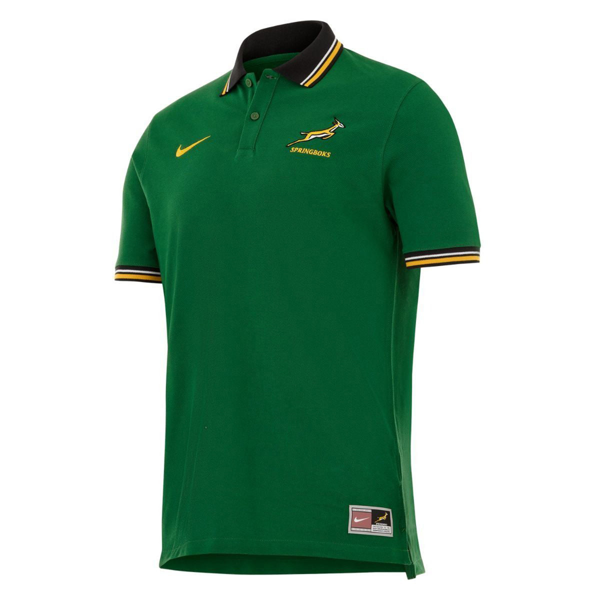 Green Nike Springboks Heritage Pique Polo shirt with a black collar and cuff trim featuring gold and white stripes, a leaping antelope emblem, and text on the chest.