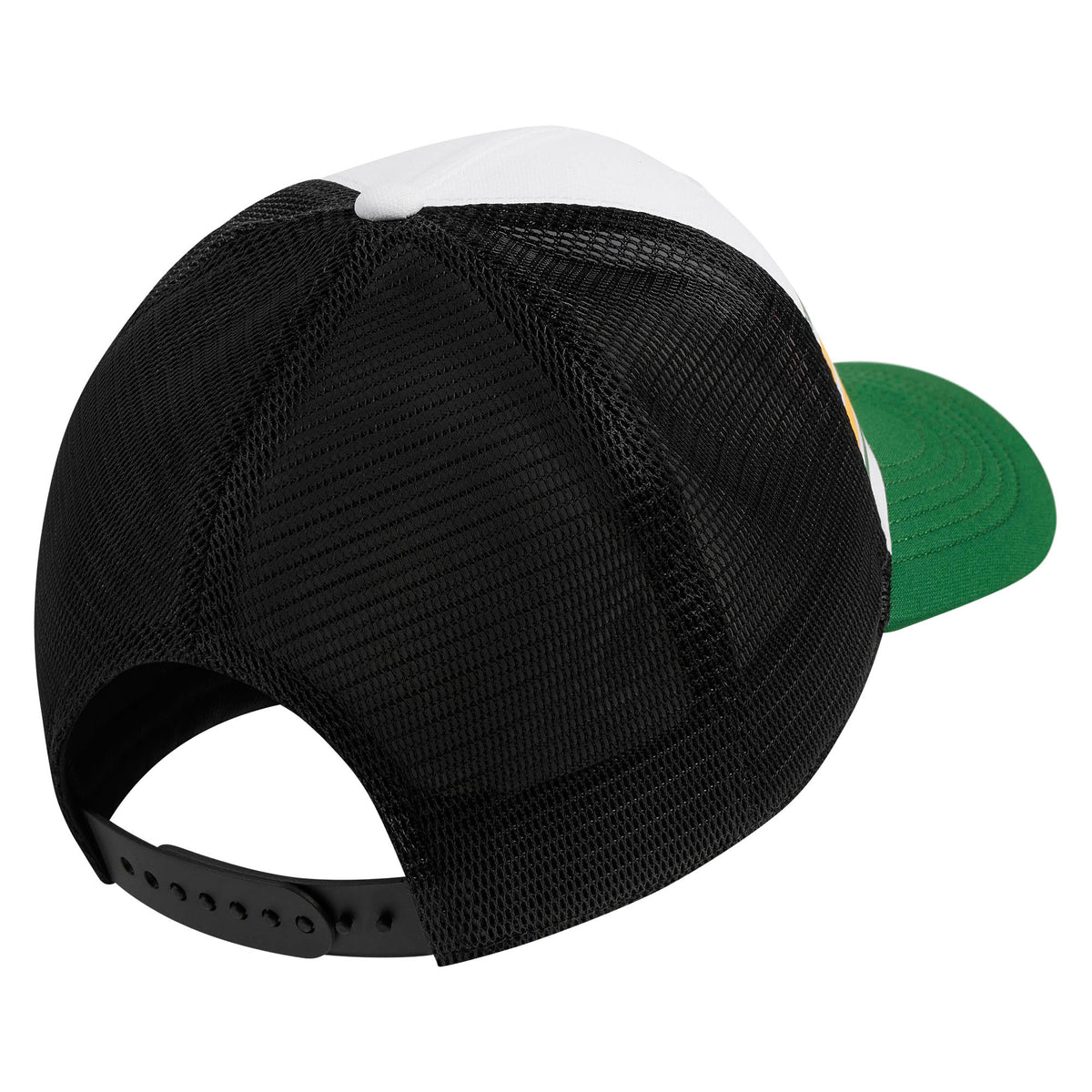 Rear view of a black, white, and green Springboks Trucker Heritage Rugby Cap by Nike with an adjustable snapback closure.