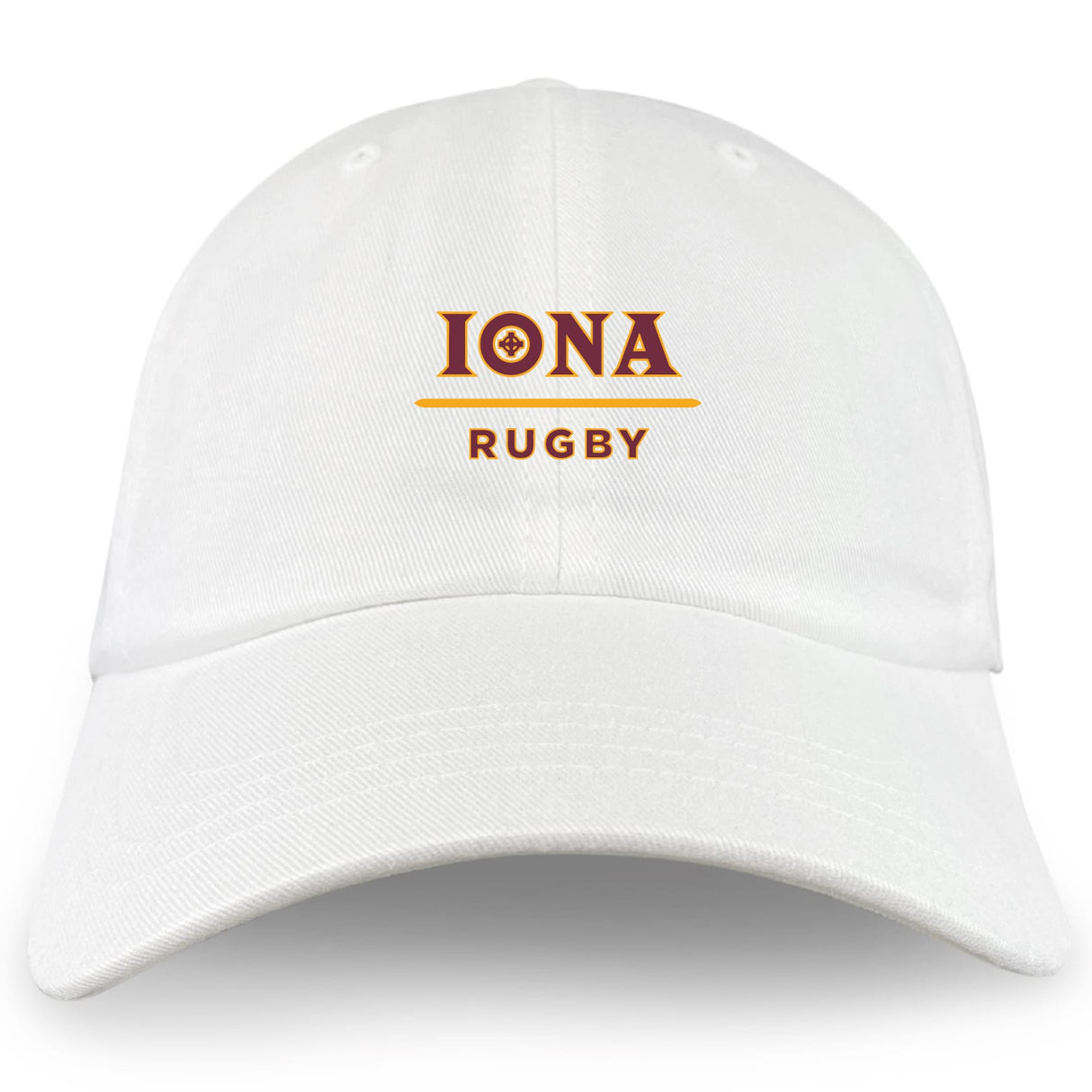 The Iona College Adult Low-Profile Cotton Twill Dad Cap by EMB S&S Activewear features "IONA RUGBY" embroidered in gold and maroon on the front—a must-have for fans.