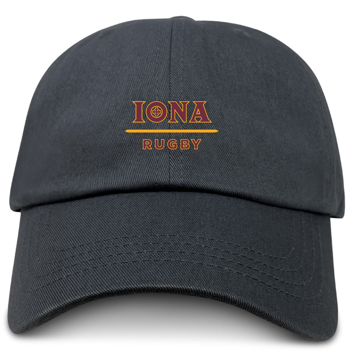 The Iona College Adult Low-Profile Cotton Twill Dad Cap by EMB S&S Activewear features "IONA RUGBY" embroidered in gold and red, making it a stylish way to show your team pride.