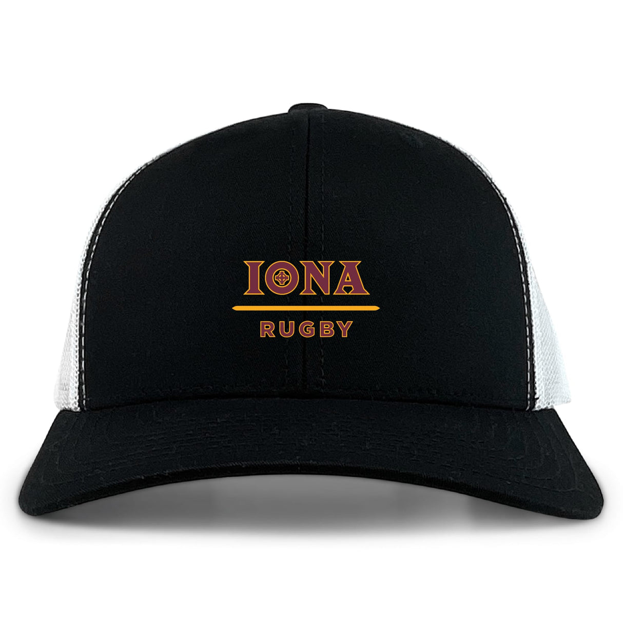 The EMB S&S Activewear Iona College Retro Trucker Cap features a black and white design with "IONA RUGBY" in yellow and red on the front, plus a classic snapback closure for adjustable comfort.