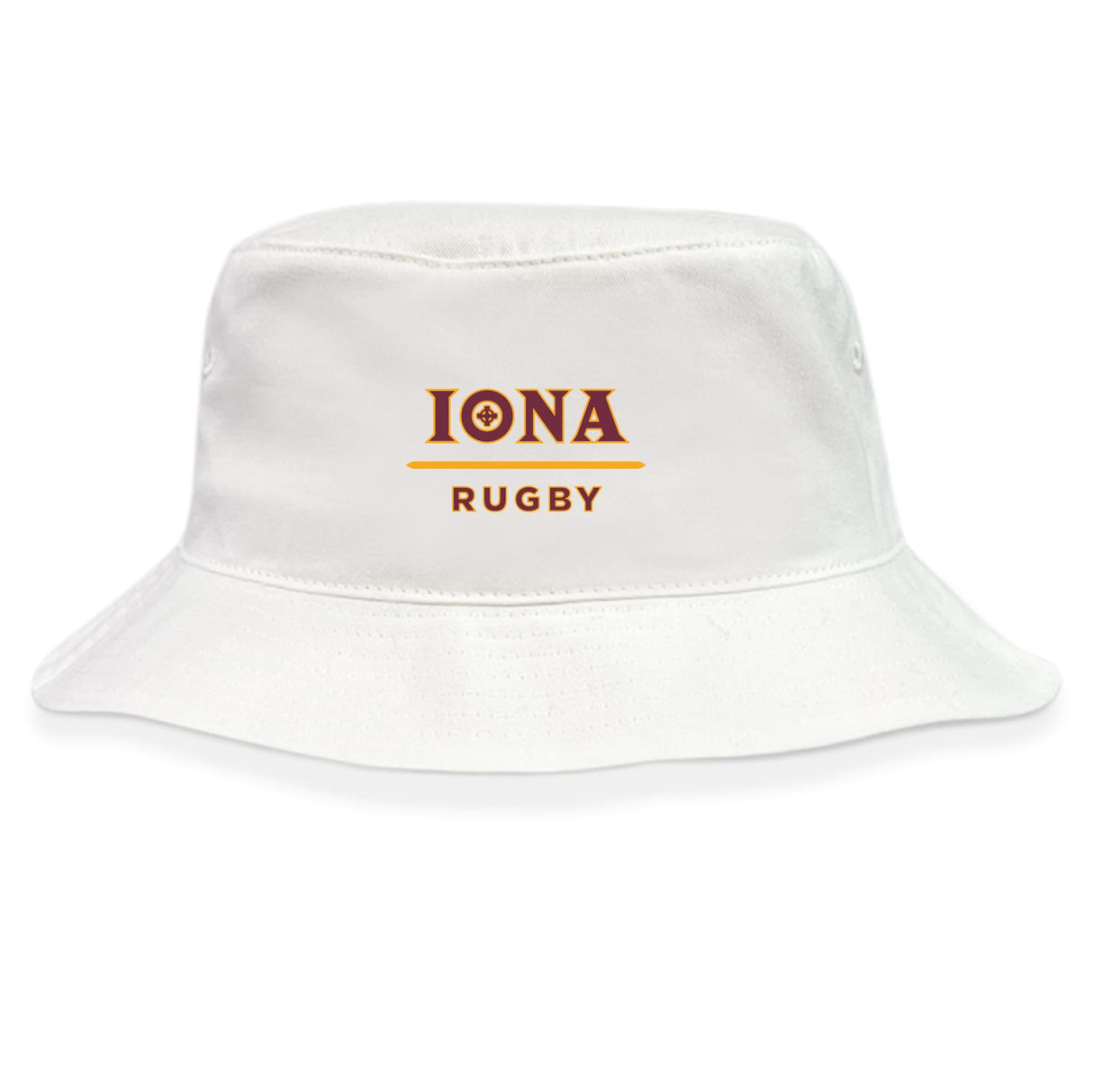 The Iona College Crusher Bucket Cap by EMB S&S Activewear is a white cotton twill hat with "IONA RUGBY" in gold and maroon text on the front, providing stylish sun protection.