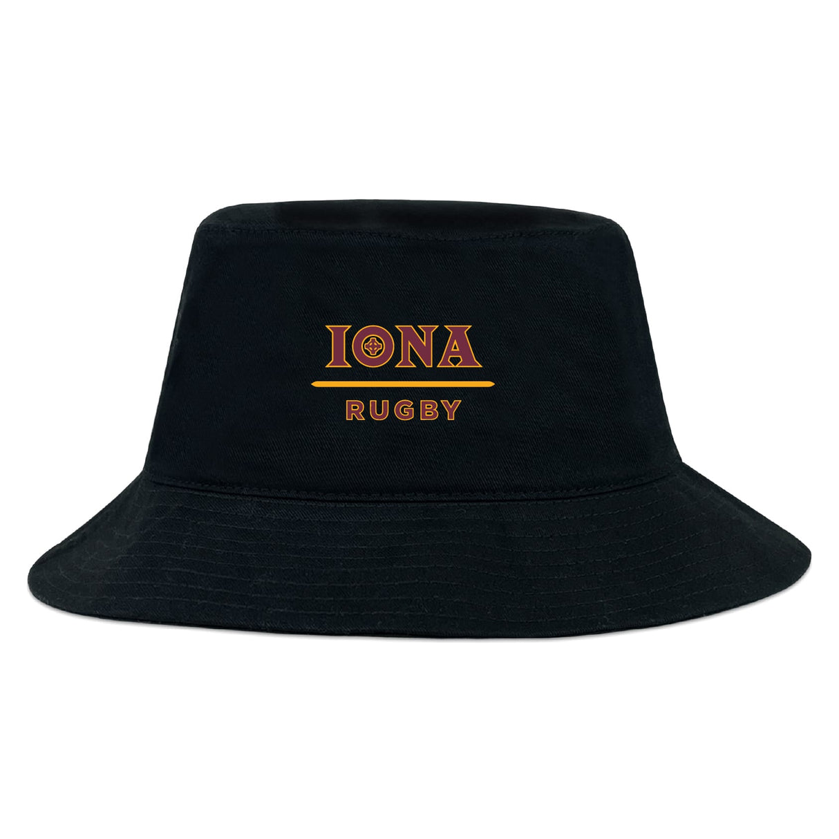 The Iona College Crusher Bucket Cap by EMB S&S Activewear features "IONA RUGBY" in yellow and red on black cotton twill, offering stylish sun protection for outdoor activities.