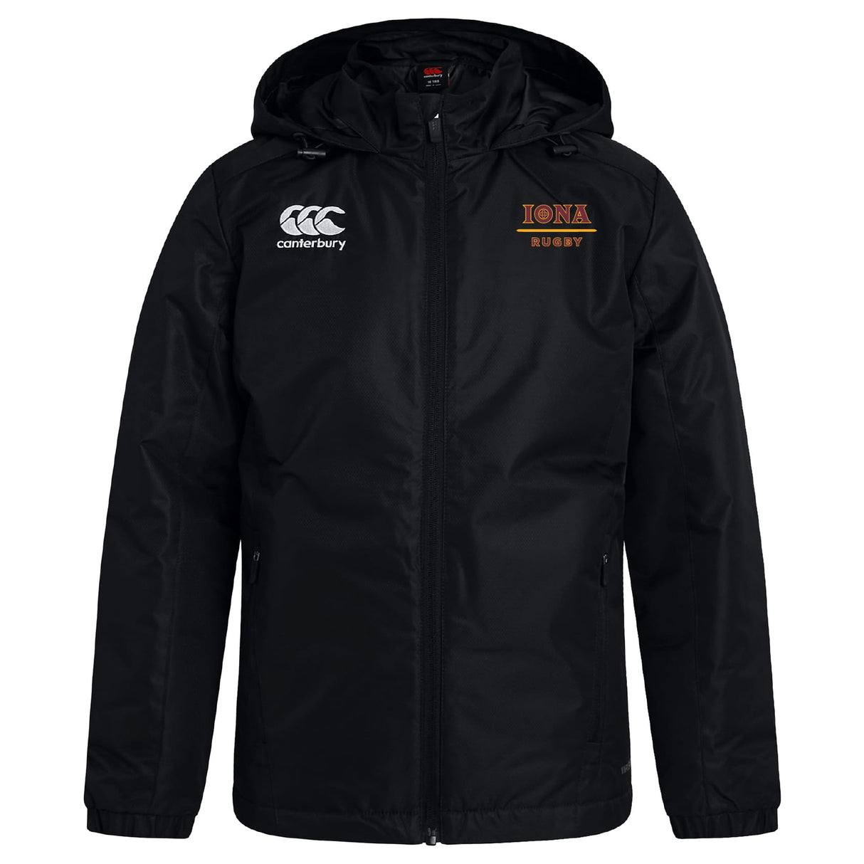 The Iona College Club Vaposhield Full Zip Rain Jacket by EMB Canterbury in black features "Canterbury" and "IONA Rugby" chest logos, displayed on a plain white background.