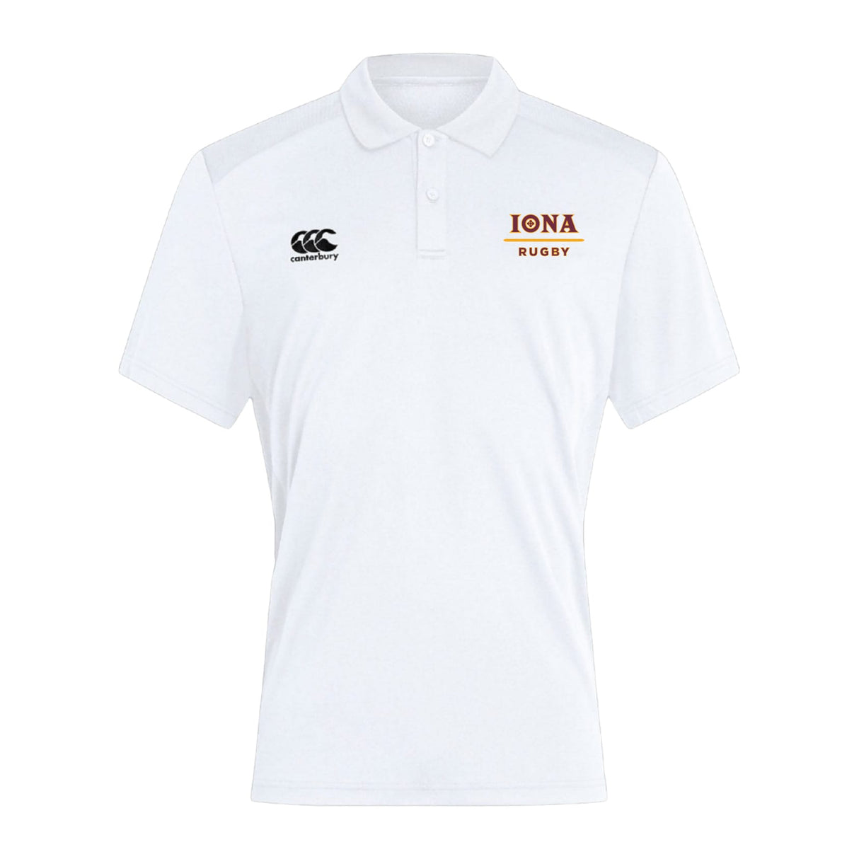 The Iona College Club Dry Polo by EMB Canterbury features a collar, short sleeves, Canterbury logo on the right chest, "IONA RUGBY" on the left, and Vapodri technology for breathable comfort—ideal for active wear.