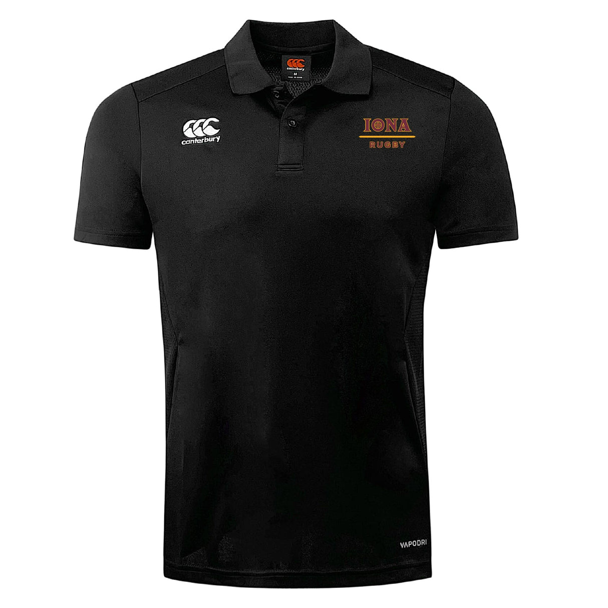 The Iona College Club Dry Polo by EMB Canterbury is a black, short-sleeve polo with the Canterbury logo on the right chest, "IONA RUGBY" on the left, and breathable Vapodri tech—ideal for active wear.