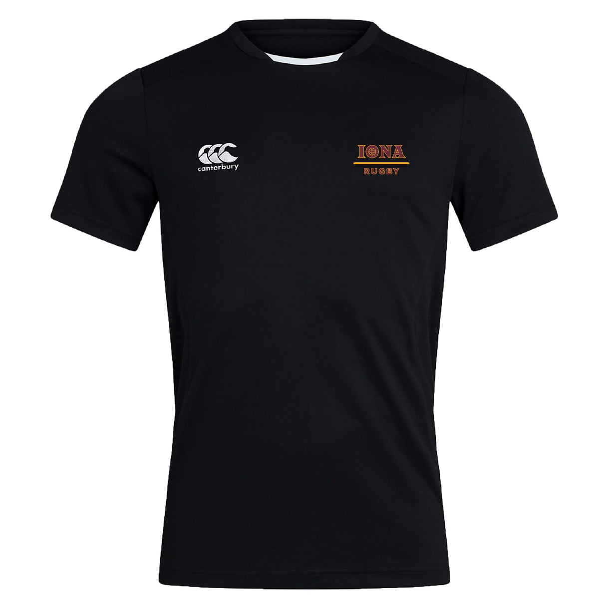 The Iona College Club Dry Tee by EMB Canterbury is a black short-sleeve rugby shirt featuring Vapodri technology for breathability. Includes the Canterbury logo on the right chest and "Iona Rugby" text with crest on the left chest.
